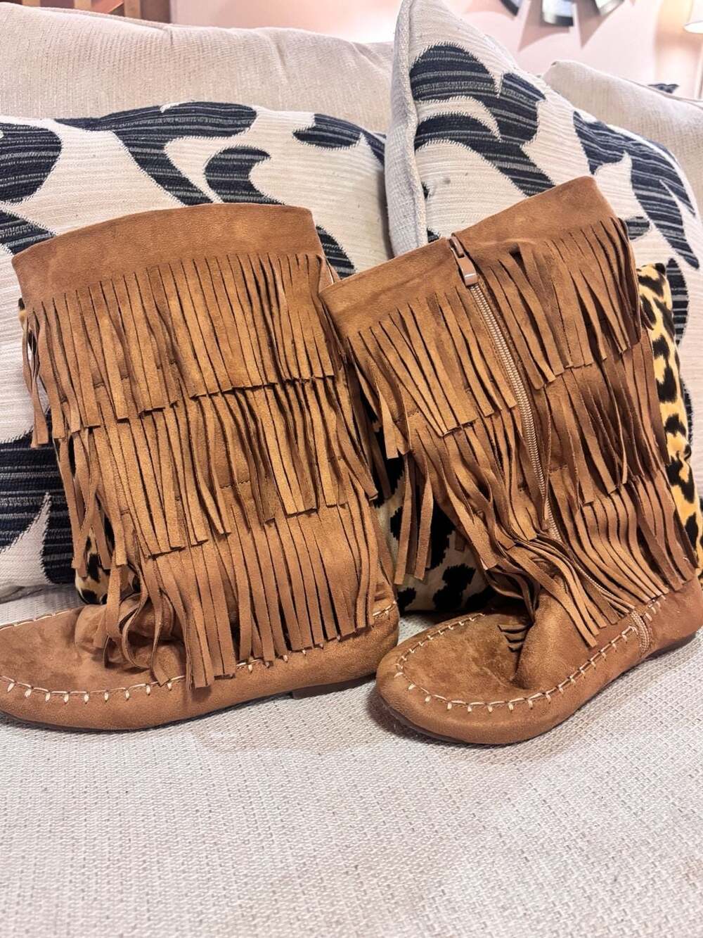 Abode Tan Faux Suede 3-Layer Fringe Moccasin Boots